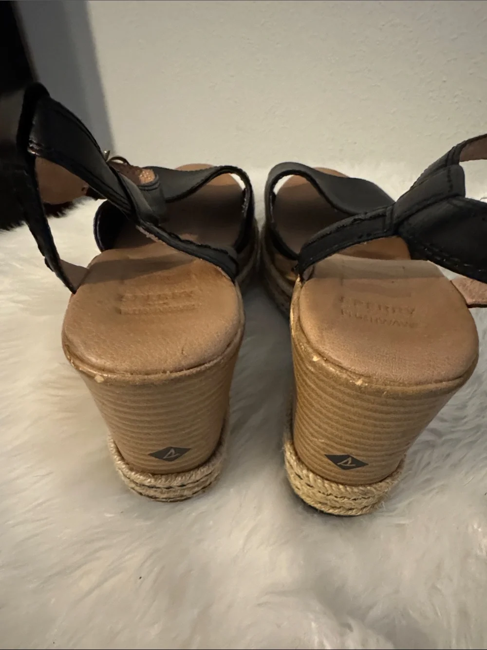 Sperry Black Espadrille Wedge Sandals with Ankle Strap